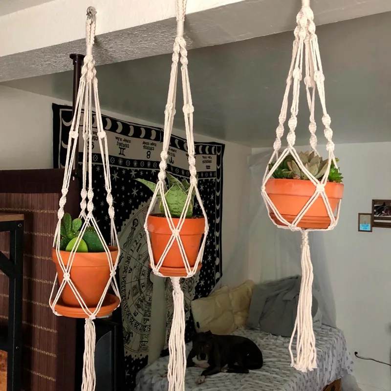 매달려 식물 수제 Macrame 식물 옷걸이 꽃 냄비 화분 옷걸이 벽 장식 안뜰 정원 교수형 화분 교수형 바구니