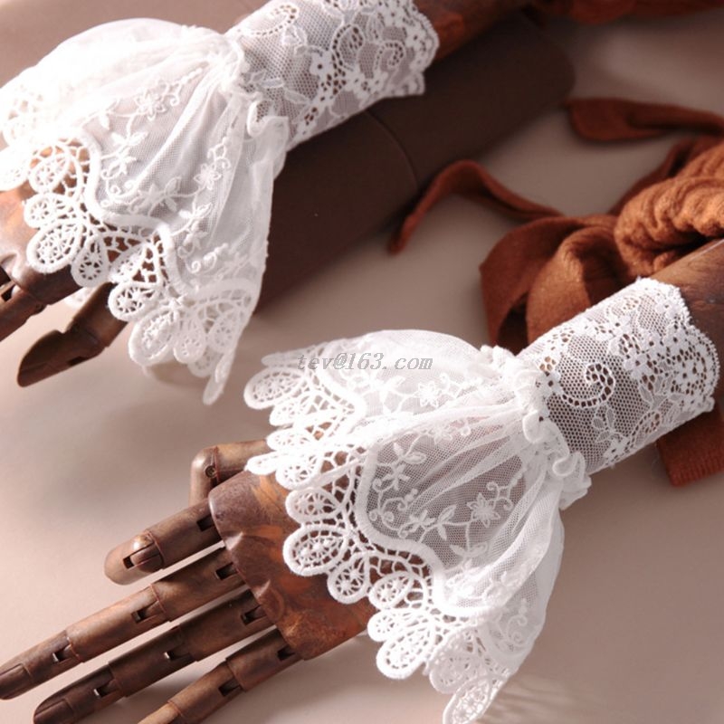 Suéter con mangas falsas para mujer, calentadores de muñeca elásticos de ganchillo con encaje Floral, puños de cuerno, bordado, volantes y volantes