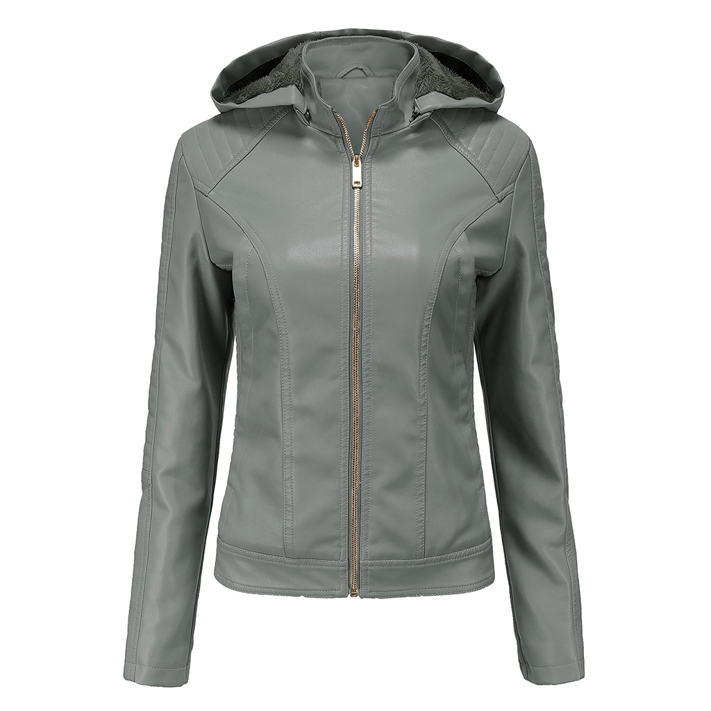 ฤดูหนาวใหม่สีดำขนแกะ Hooded เสื้อหนังเสื้อแจ็คเก็ตผู้หญิงแฟชั่น Trim รถจักรยานยนต์ผู้หญิงเสื้อสวิตช์ซิปสีแดงสีกากีสีเทา