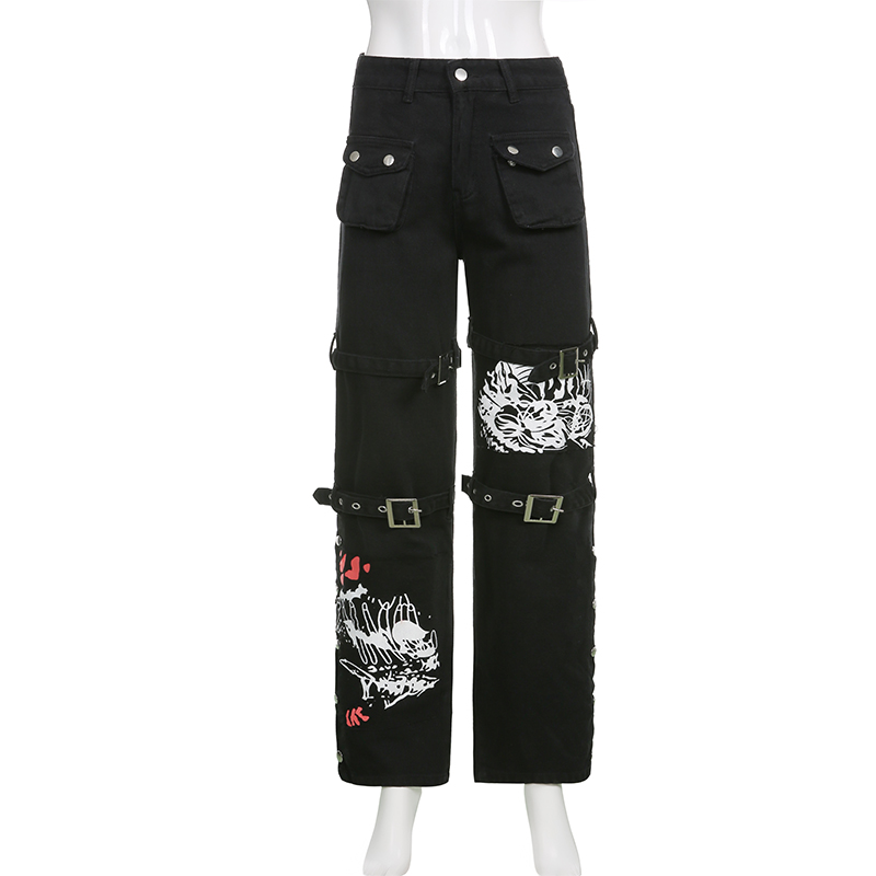 E-girl gótico preto calças de carga capri mulheres cintura baixa jeans calças compridas y2k grunge vintage hip hop punk harajuku streetwear