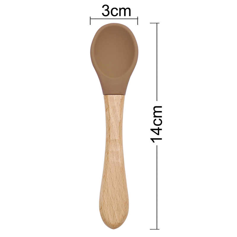 Cuchara de silicona con mango de madera para alimentación, utensilios para bebés, comida sólida, entrenamiento para niños, capacidad manipuladora, vajilla para niños