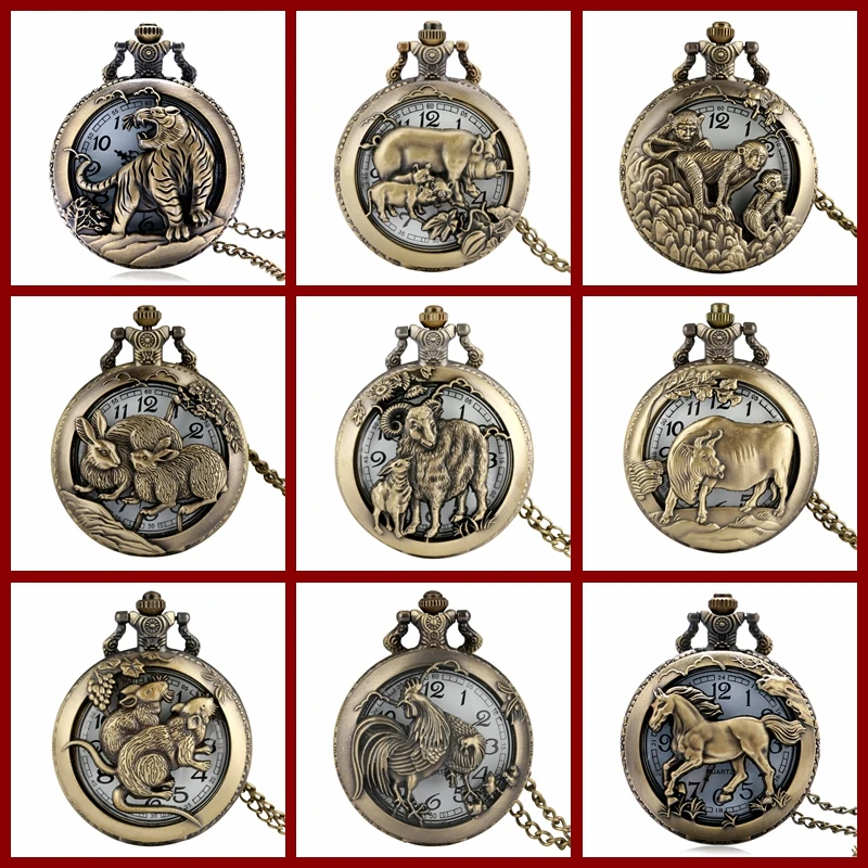 Bronze Vintage Chinesische Sternzeichen gesunde Quarz Taschenuhr Halskette Anhänger Geschenk Fob Uhren Kunst Sammeln Geschenke für Männer Frauen