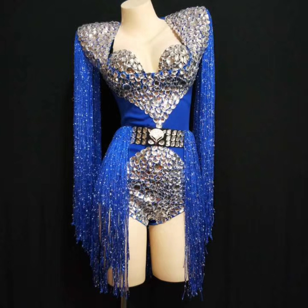 BlingคริสตัลRhinestone Stage Performance Bodysuitsไนท์คลับพู่ชุดเต้นรำแจ๊สผู้หญิงปาร์ตี้ฮาโลวีนชุดJumpsuit