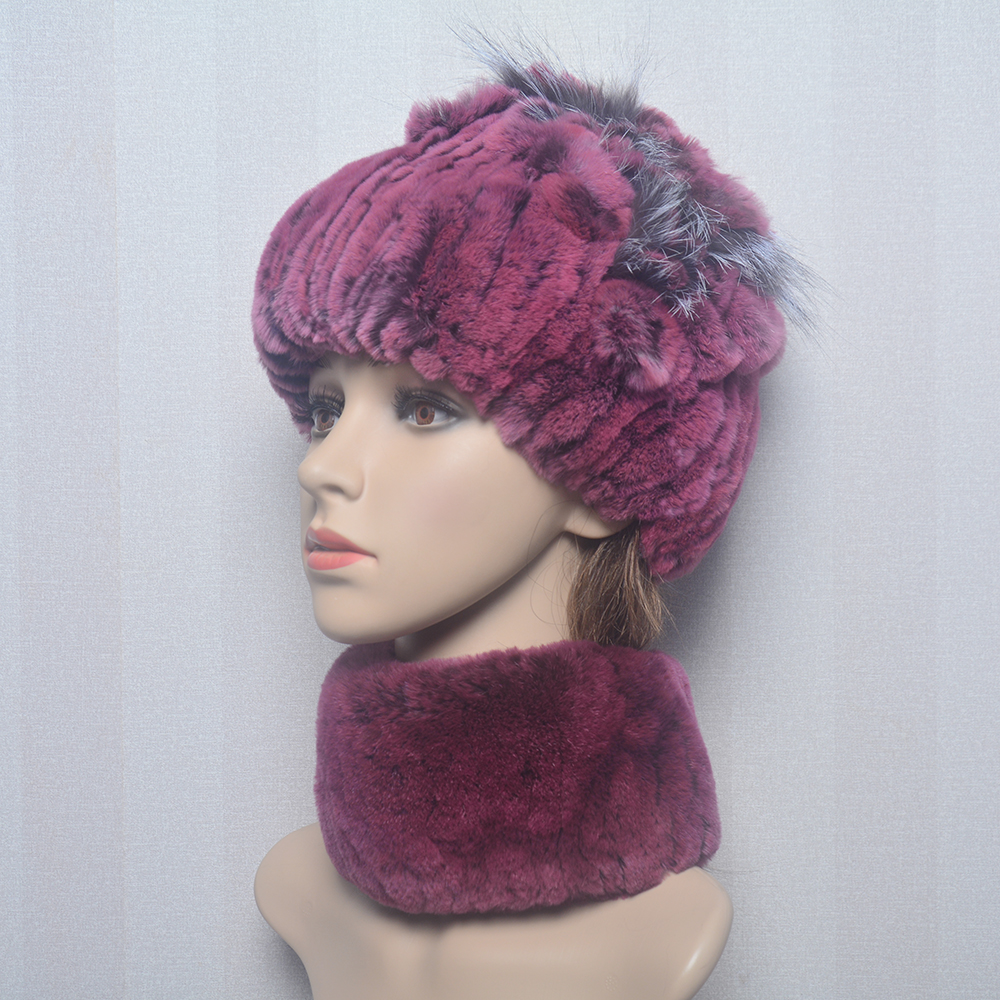 Nuevas mujeres de invierno de lujo Real Rex sombrero de piel de conejo bufanda 2 piezas de punto Rex sombrero de piel de conejo con gorro de piel de zorro plateado bufandas conjuntos