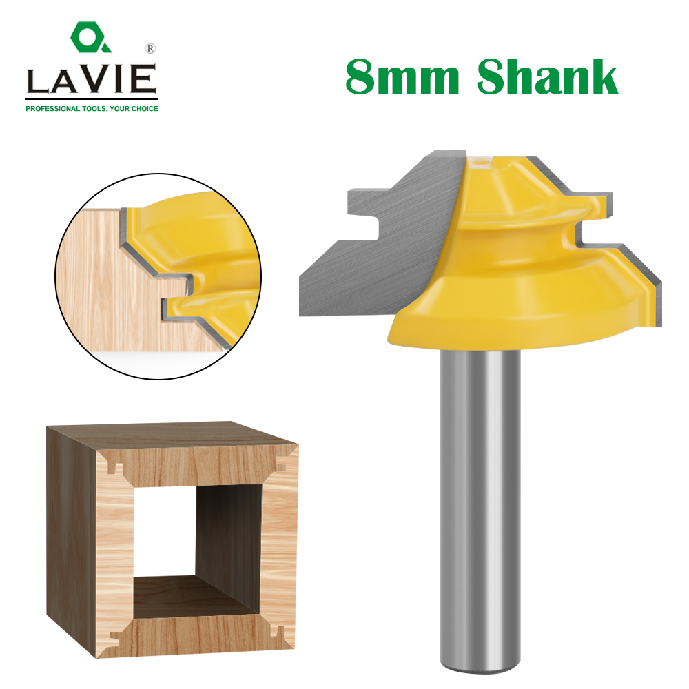 LAVIE 1 PC 8mm Shank 45 องศาล็อค Miter Router บิต Tenon เครื่องตัดไม้เครื่องมือสําหรับไม้เครื่องมือคาร์ไบด์โลหะผสม MC02010