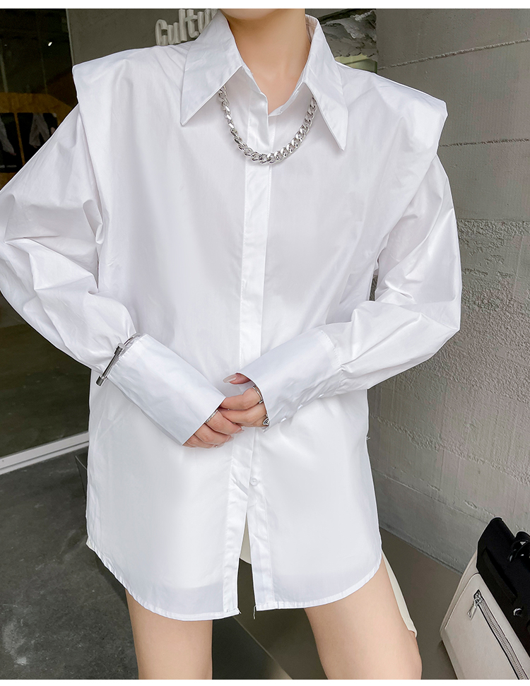 Ifhobi Wanita Chic Kerah Longgar Warna Solid Bantalan Bahu Kemeja Putih Busana Korea Musim Semi Musim Gugur Blus Antik
