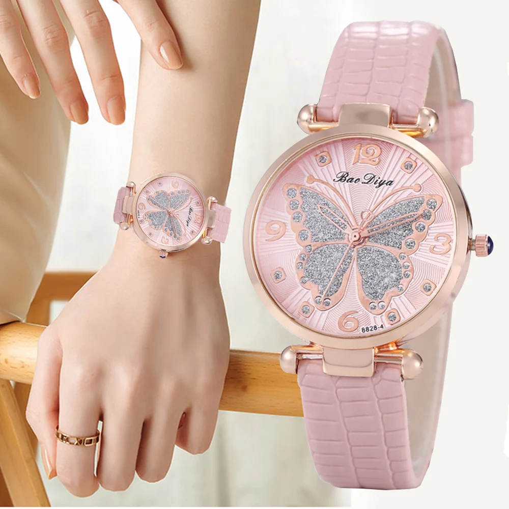 Bướm Kim Cương Thiết Kế Mặt Số Phụ Nữ Đồng Hồ Thạch Anh Thời Trang Cho Nữ Đồng Hồ Nữ Đơn Giản Người Phụ Nữ Da Đồng Hồ Montre Femme