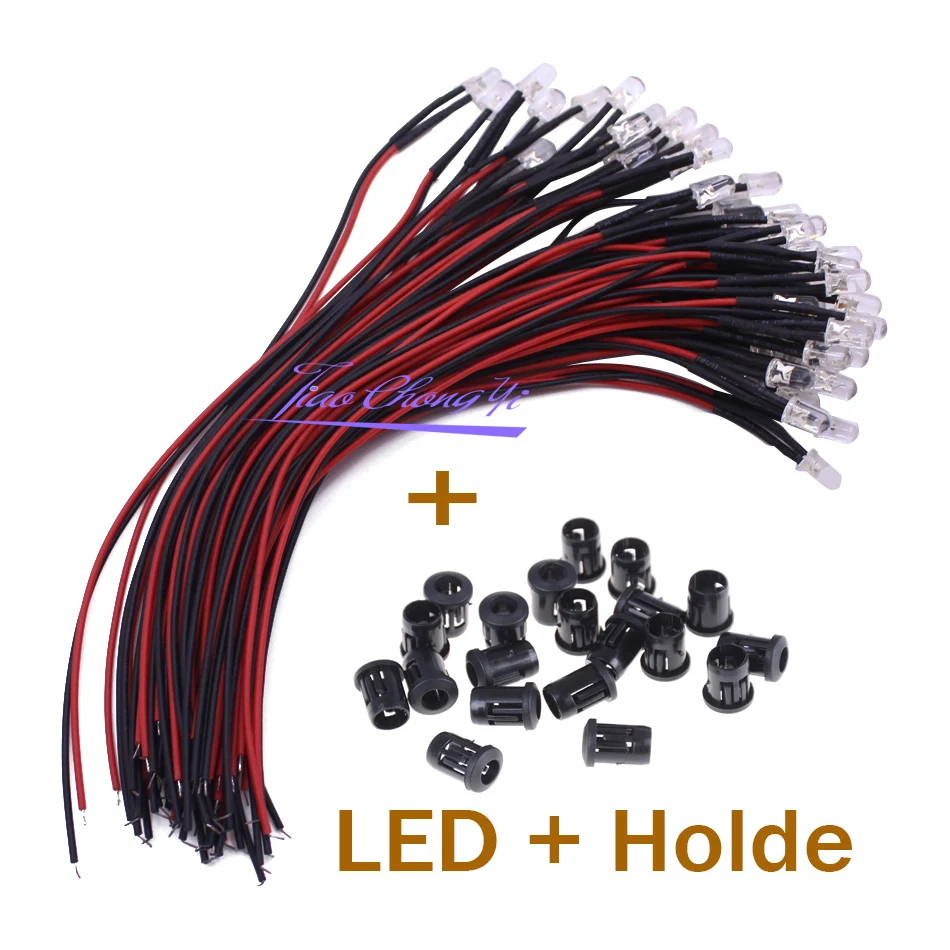 DC 9-12V 3mm/5mm rojo/verde/azul/RGB blanco UV redondo precableado LED transparente de agua con soporte de plástico 10-100 Uds