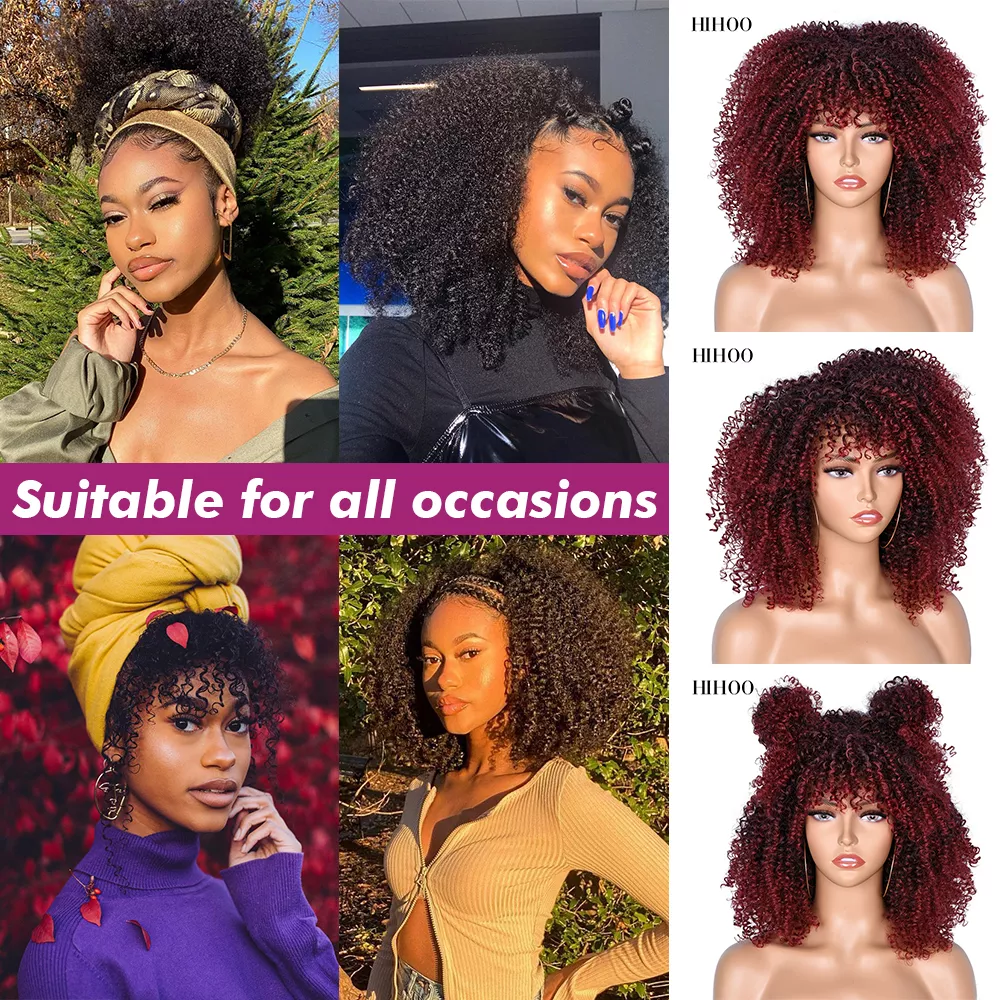 Krótka Afro peruka z kręconymi włosami z grzywką dla czarnych kobiet Cosplay Lolita naturalne włosy Ombre mieszane brązowe syntetyczne peruki afrykańskie