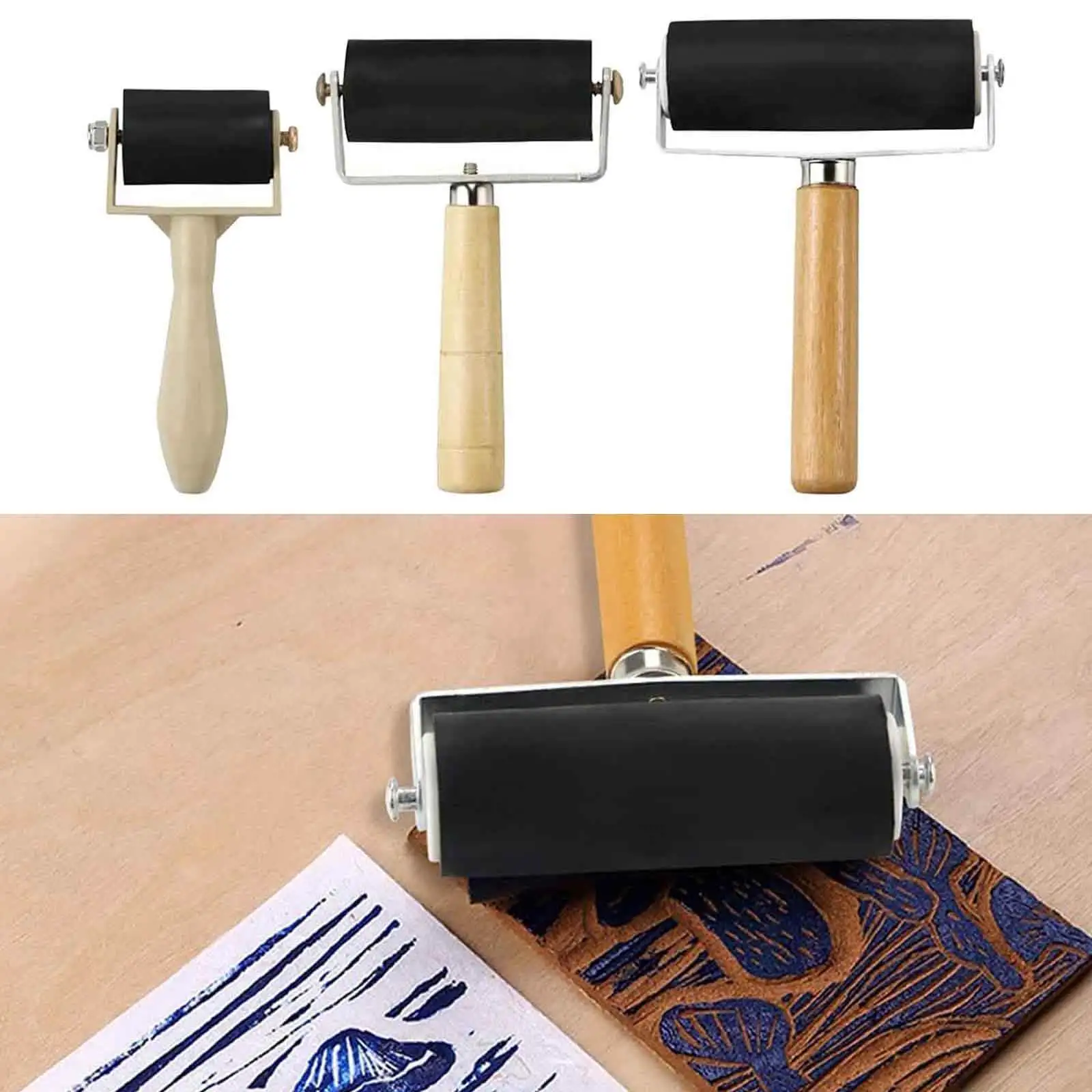 3Pcs ยาง Brayer Roller ไม้ Handle ภาพวาดหมึกปั๊มเครื่องมือศิลปะหัตถกรรมสำหรับแกะสลักพื้นผิววอลเปเปอร์พิมพ์