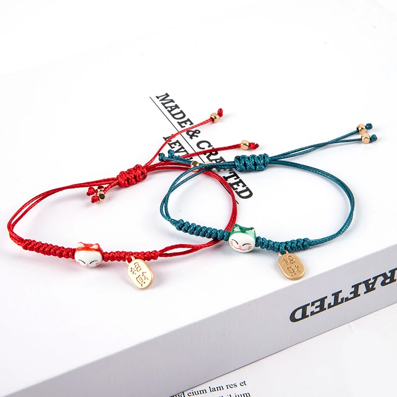 Gelang Kucing Keberuntungan Tali Warna-warni Buatan Tangan untuk Wanita Anak Perempuan Hadiah Ulang Tahun Jimat Rumbai Mode Maneki Neko Gelang Pasangan