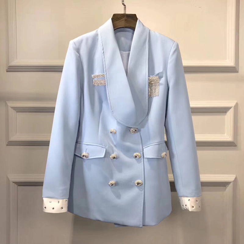 Blazer Desainer Bagus Terbaru Kualitas Tinggi Mantel Blazer Kancing Berlian Kristal Double Breasted Wanita