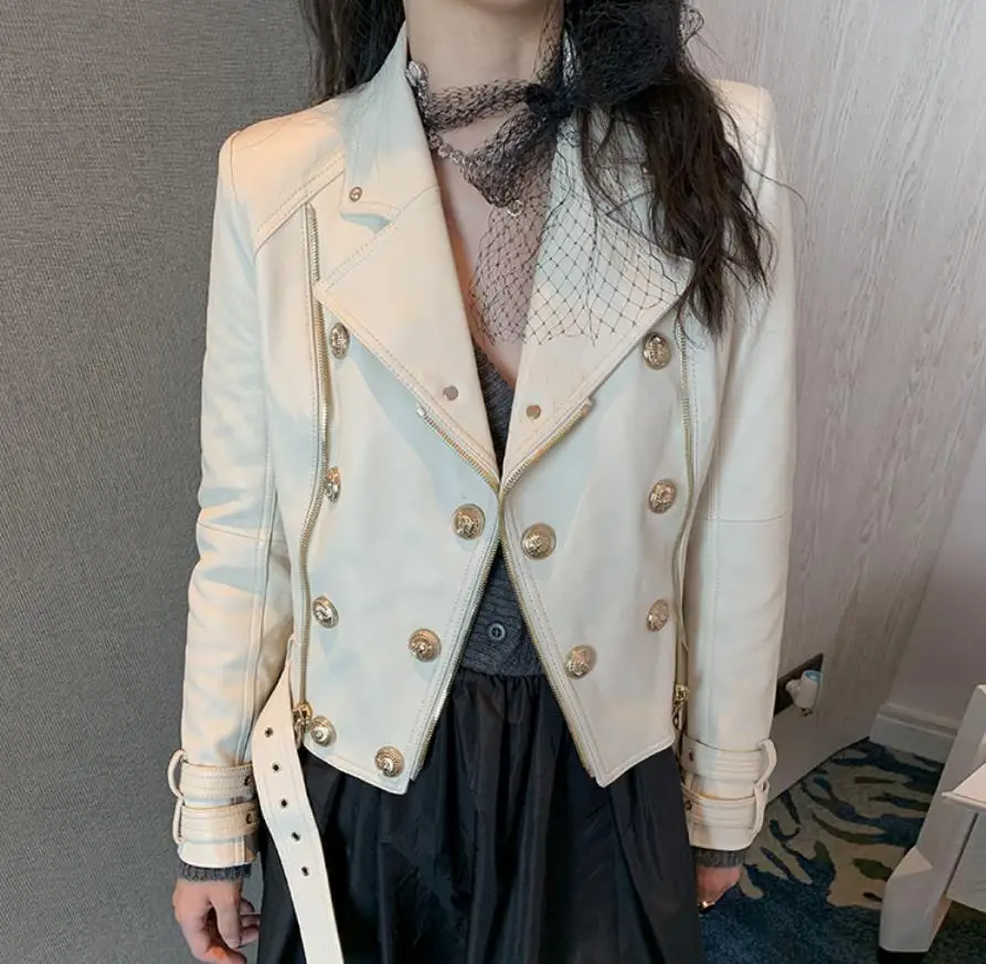 แฟชั่นซิปเย็บ Pu หนัง Jacket หญิงหัวรถจักรสไตล์คู่ Pu หนัง Outerwear แจ็คเก็ตหนัง F374