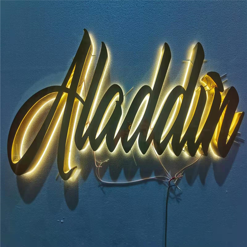 Kundenspezifisches LED-Buchstabenschild aus goldfarbenem, hochglanzpoliertem, gebürstetem Edelstahl mit hintergrundbeleuchtetem LED-Buchstabenschild, hinterbeleuchtetem Store-Business-Logo