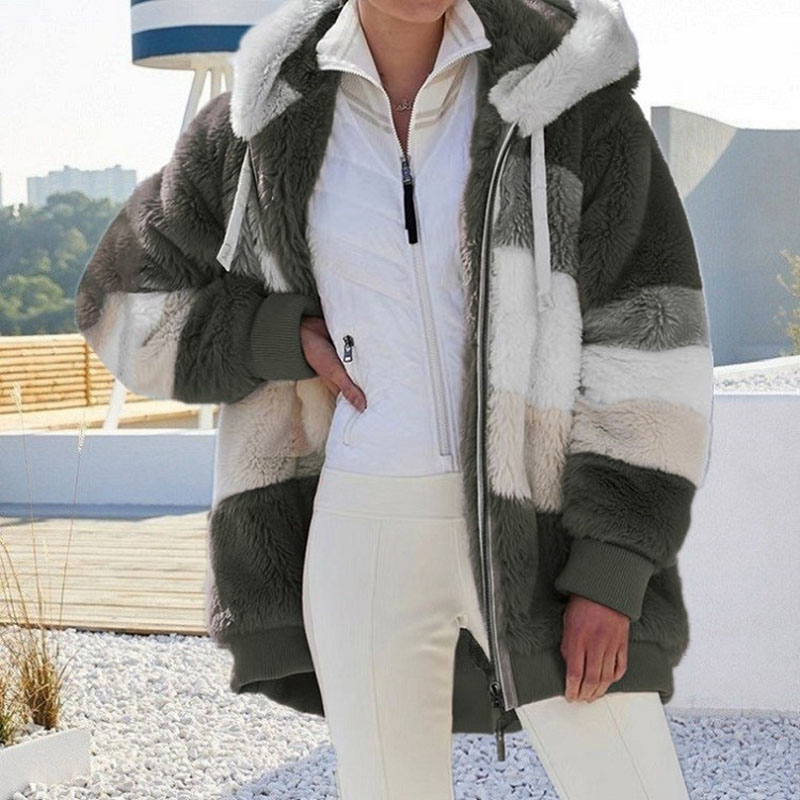 Abrigo holgado con capucha y bolsillo con cremallera para mujer, abrigo cálido de felpa con retales, otoño e invierno, 2021