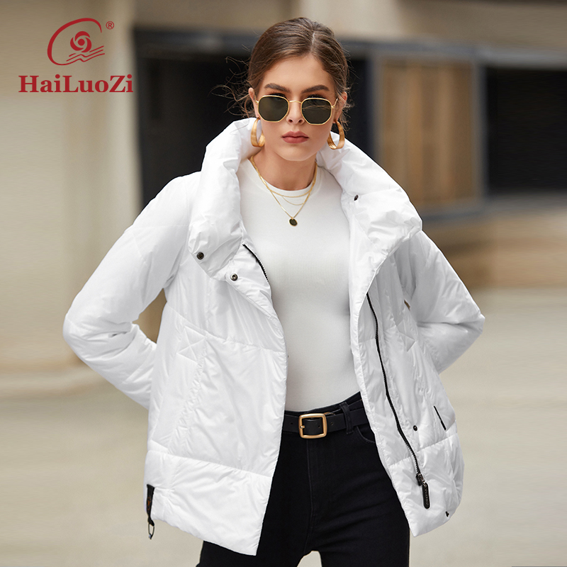 HaiLuoZi 2022 Neue Frauen Jacke Mode Diagonal Zipper Warme Mantel Hoher Kragen Casual Weibliche Einfarbig Elegante Parkas 7852