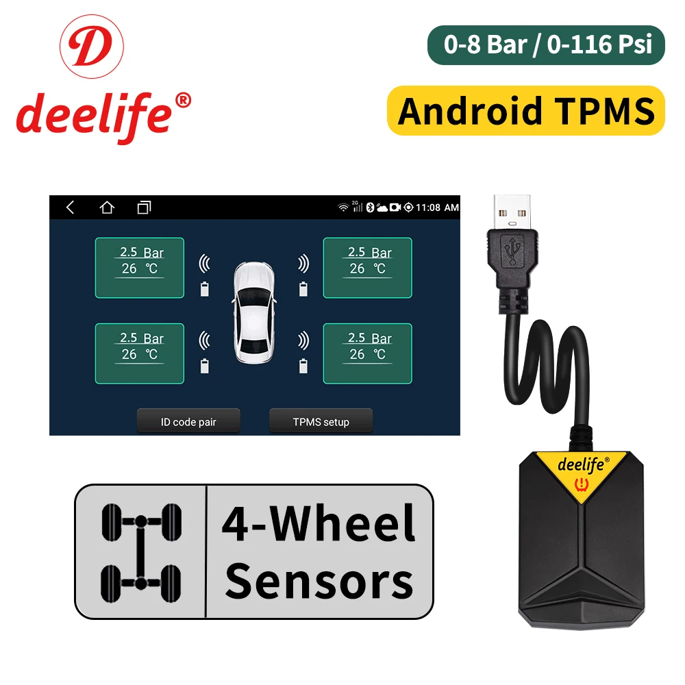Deelife Android TPMS para Radio de coche reproductor de DVD sistema de supervisión de presión de neumáticos neumático de repuesto Sensor externo interno USB TMPS