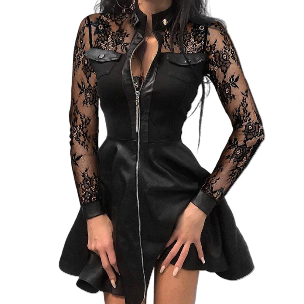 Vrouwen Lange Mouw Ritsvak Grote Zoom Kunstleer Kant Mini Jurk Dameskleding Elegante Mode Feestjurk vestidos 5XL