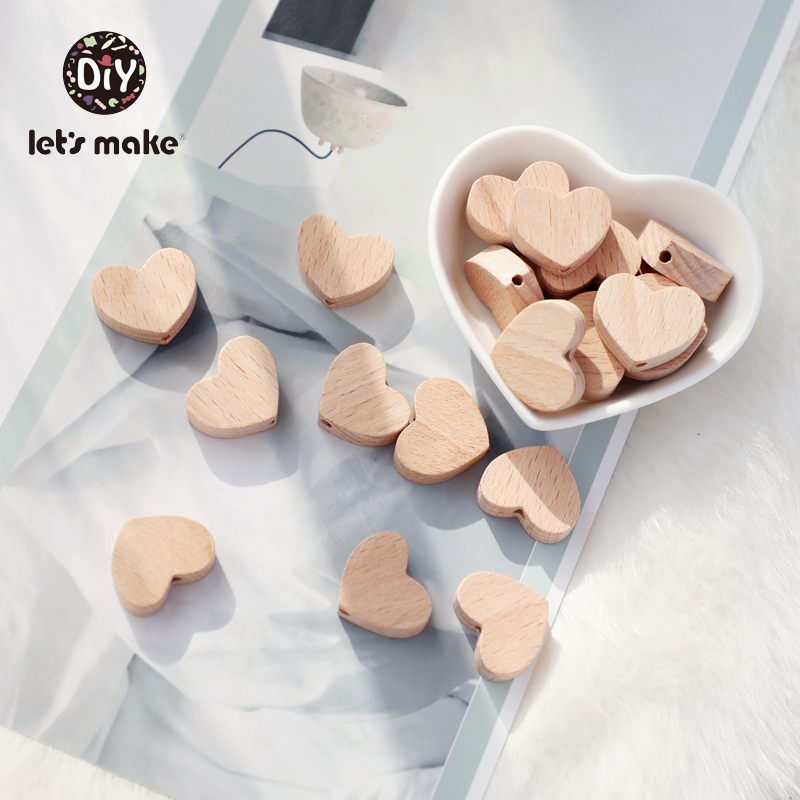 Let's Make-mordedor para bebé, cuentas de madera BPA, roedor de madera, Animal, forma de corazón, cuentas de dentición, accesorios de cadena de chupete para bebé DIY, 10 Uds.