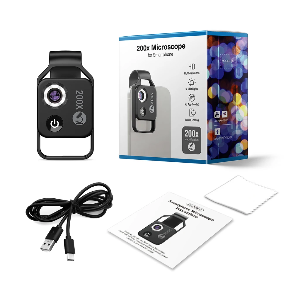 Apexel digital 200x mikroskop objektiv mit cpl mobile led führungs licht lampe mikro tasche super makro objektiv für iphone samsung handys