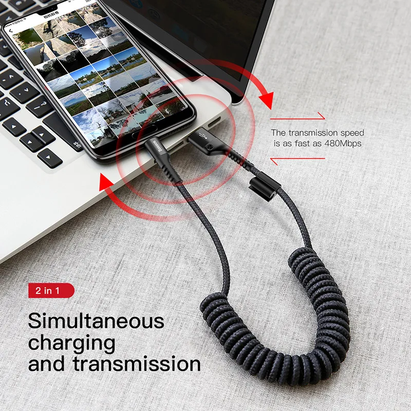 Baseus Spring USB Type C Cáp Sạc Cho Xe Hơi Mạnh Linh Hoạt Đầm 2A Cáp Sạc USB C Cho Điện Thoại Di Động cáp Dữ Liệu