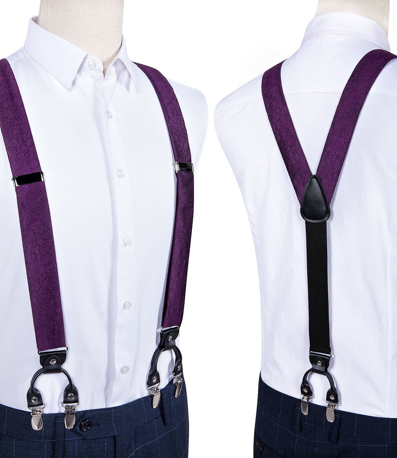 DiBanGu Luxury Purple Silk męskie szelki skórzane metalowe 6 klipsów regulowane szelki wstępnie wiązane muszka zestaw w kwadraty #4008