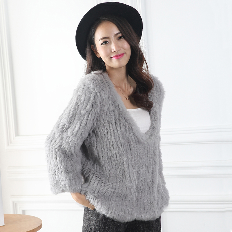 Grote Mode Trends Catwalk Sexy Topless Mid-Length Trui Herfst En Winter Konijnenbont Geweven Bont Jas