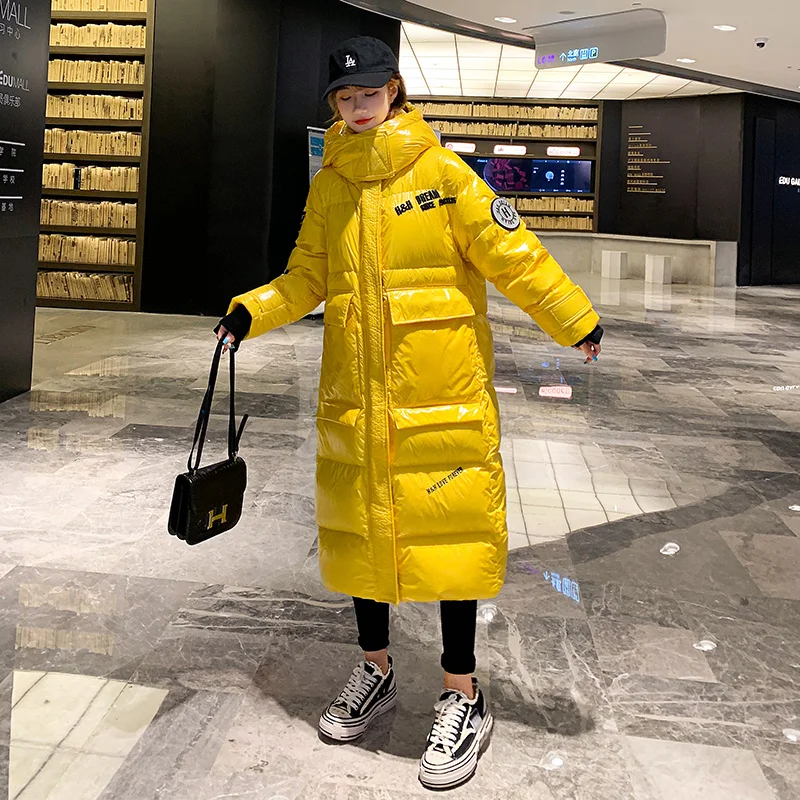 2024 Winter Frauen Parka Jacke Warme Dicke Lange Unten Baumwolle Mantel Weibliche Lose Oversize Mit Kapuze Glänzend Tasche Mantel