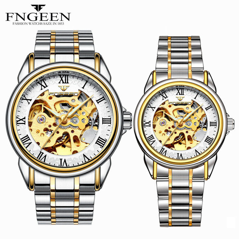 Relojes mecánicos para hombres y mujeres, relojes de pulsera emparejados, acero, esqueleto impermeable, auto viento, reloj automático para amantes