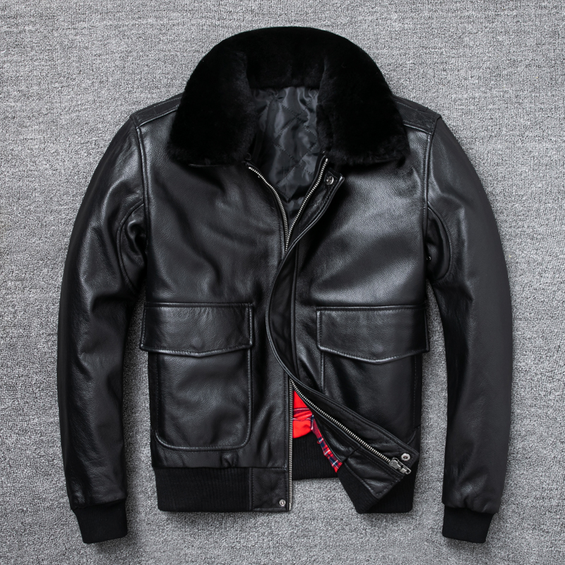 Air Force Flight Jacket Fur Collar Genuine Top Layer Cow Leather Jacket Men Black Brown Cow Coat Men's Winter Jacket 정품 가죽