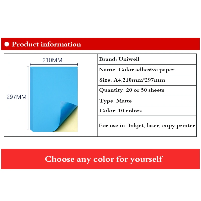 A4 Color Adhesive Paper 50 PCS Colorful Self-adhesive Printing Matte Paper Red Yellow Blue Green Label For Laser Inkjet Printers