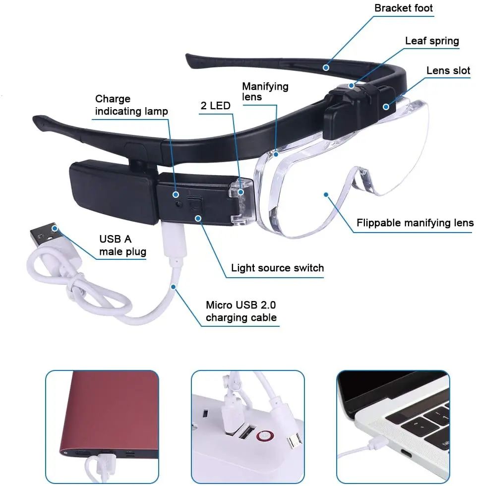 Lupa 1,5X/2X/ 2,5X/3,5X/4X/4,5X recargable por USB con luz LED para leer joyeros reparación de relojeros