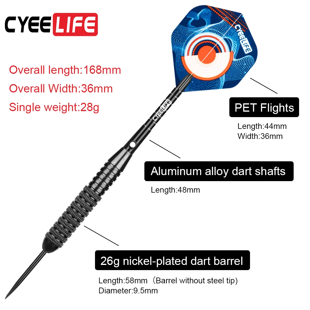 Стальной наконечник для дартса CyeeLife, 26 грамм, с сумкой для дартса, дополнительными стандартными полетами и пластиковым аксессуаром, набор дротиков для часов, 3 упаковки