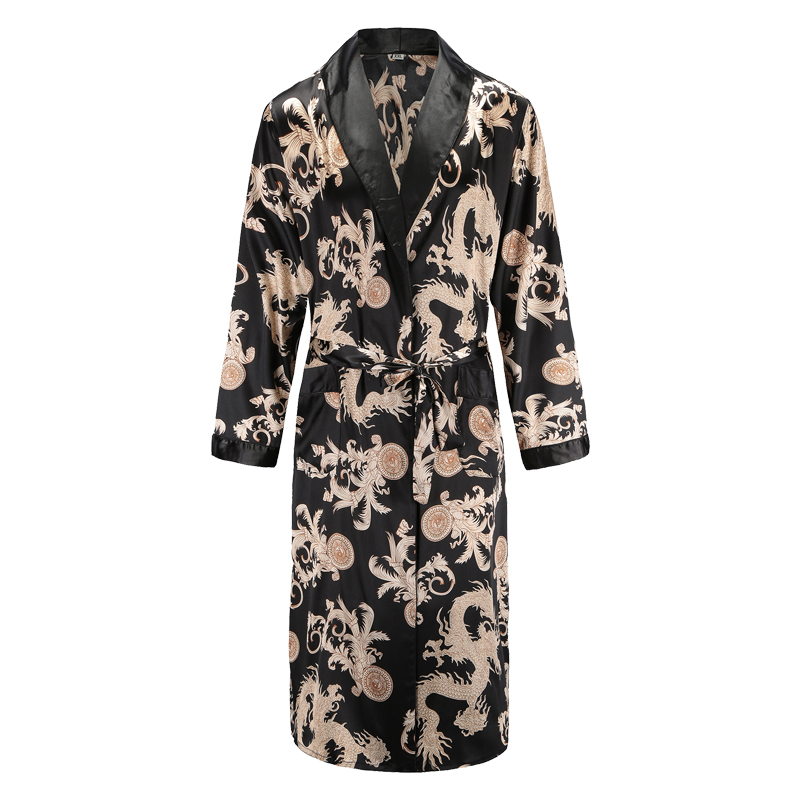 Bata para hombre, camisón de manga larga, Kimono, albornoz, satén sedoso, estampado de dragón, pijamas, ropa de dormir, vestido informal para el hogar