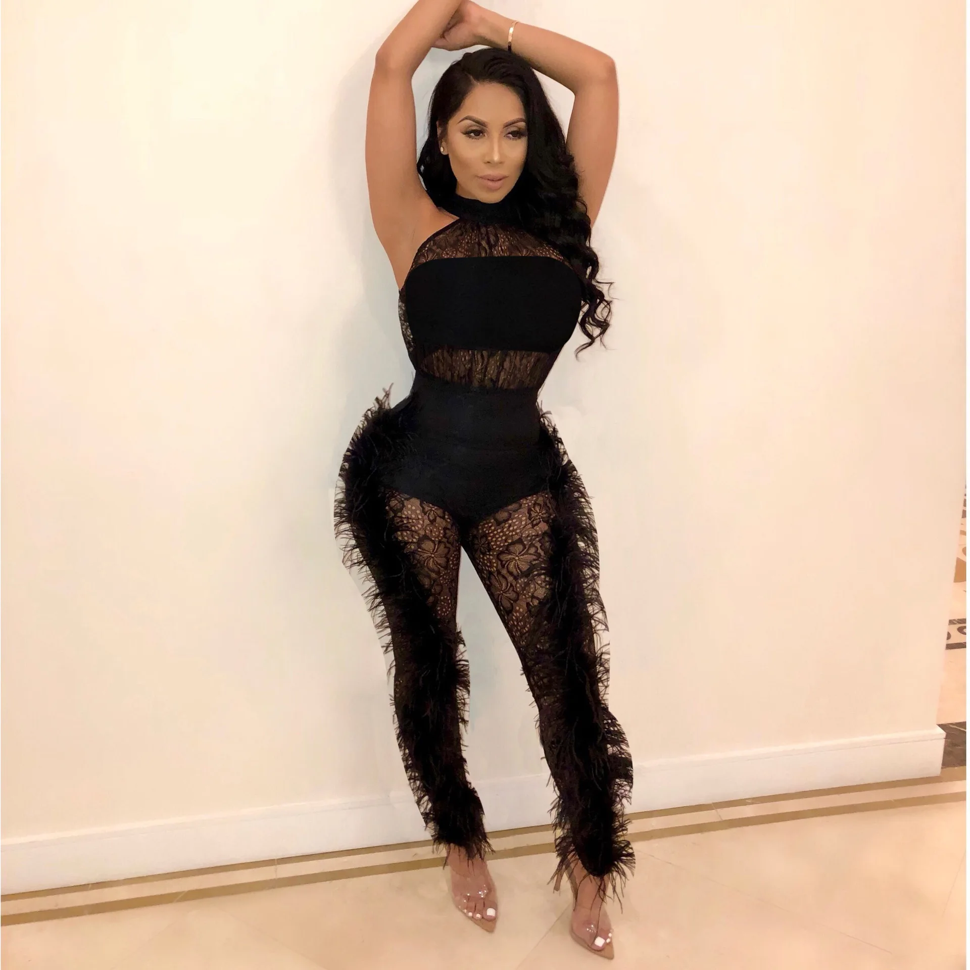 BKLD-monos de encaje de plumas para mujer, ropa de retales, Sexy, transparente, color negro, 2019