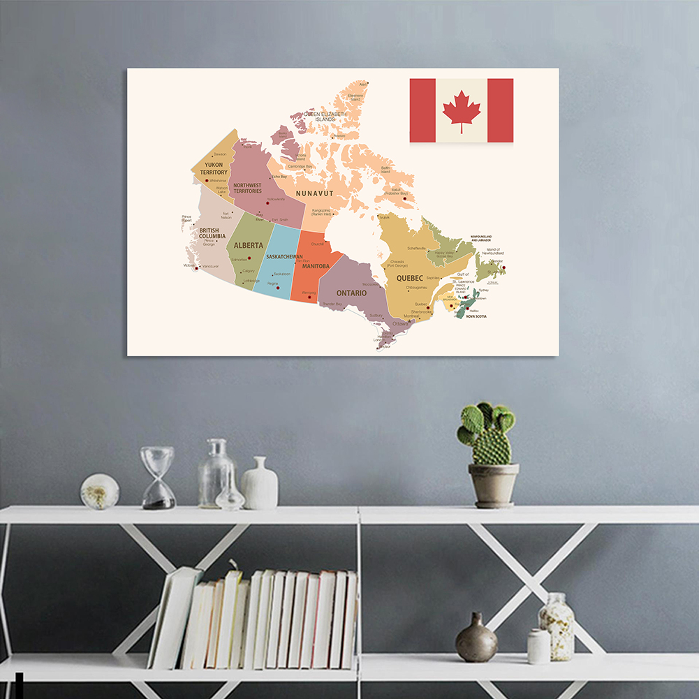 150*100Cm Canada Bản Đồ Bản Đồ Chính Trị Không Dệt Tranh Canvas Trang Treo Tường Dùng Học Lớp Học trang Trí Nhà