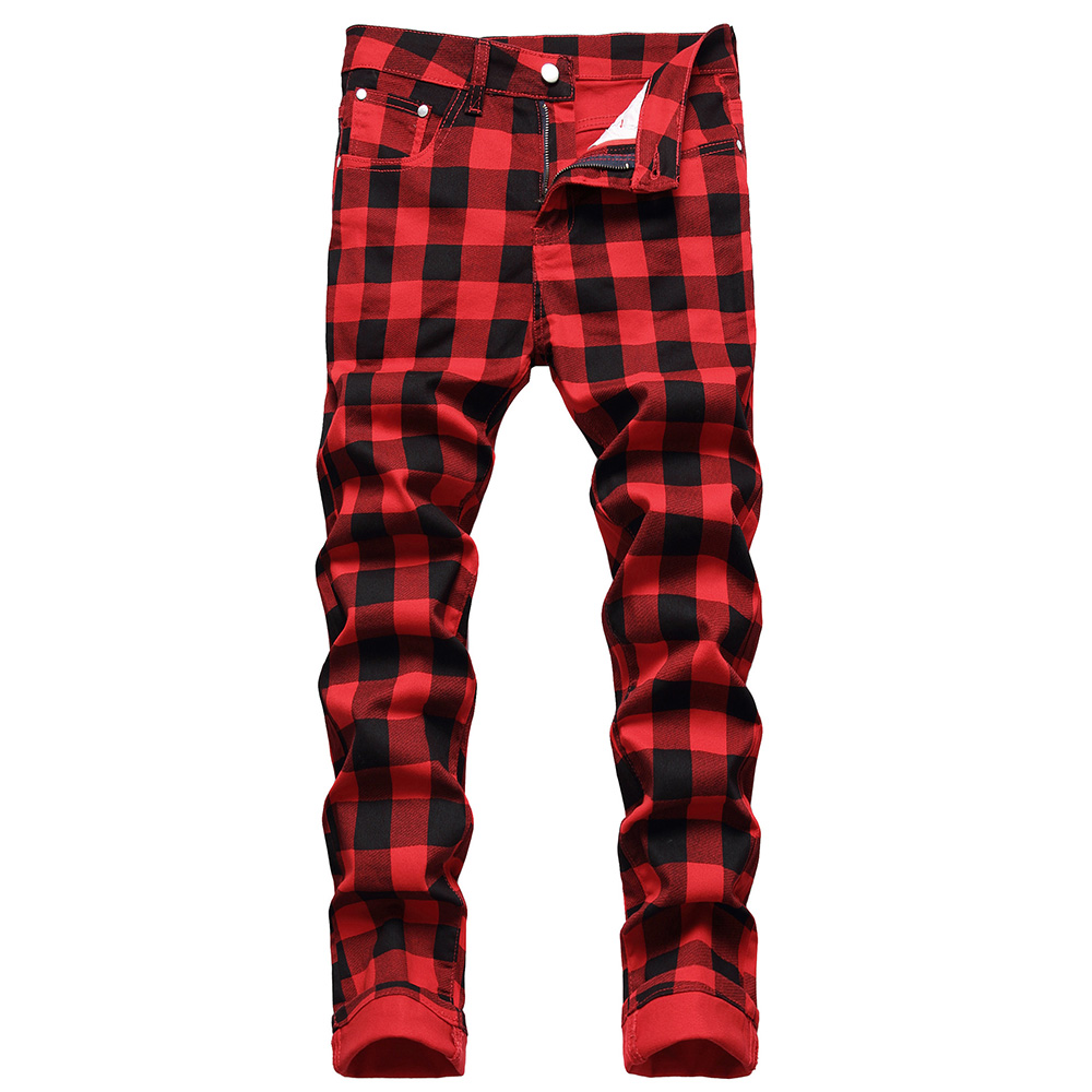 Männer Rot Plaid Gedruckt Hosen Mode Schlank Stretch Jeans Trendy Plus Größe Gerade Hosen