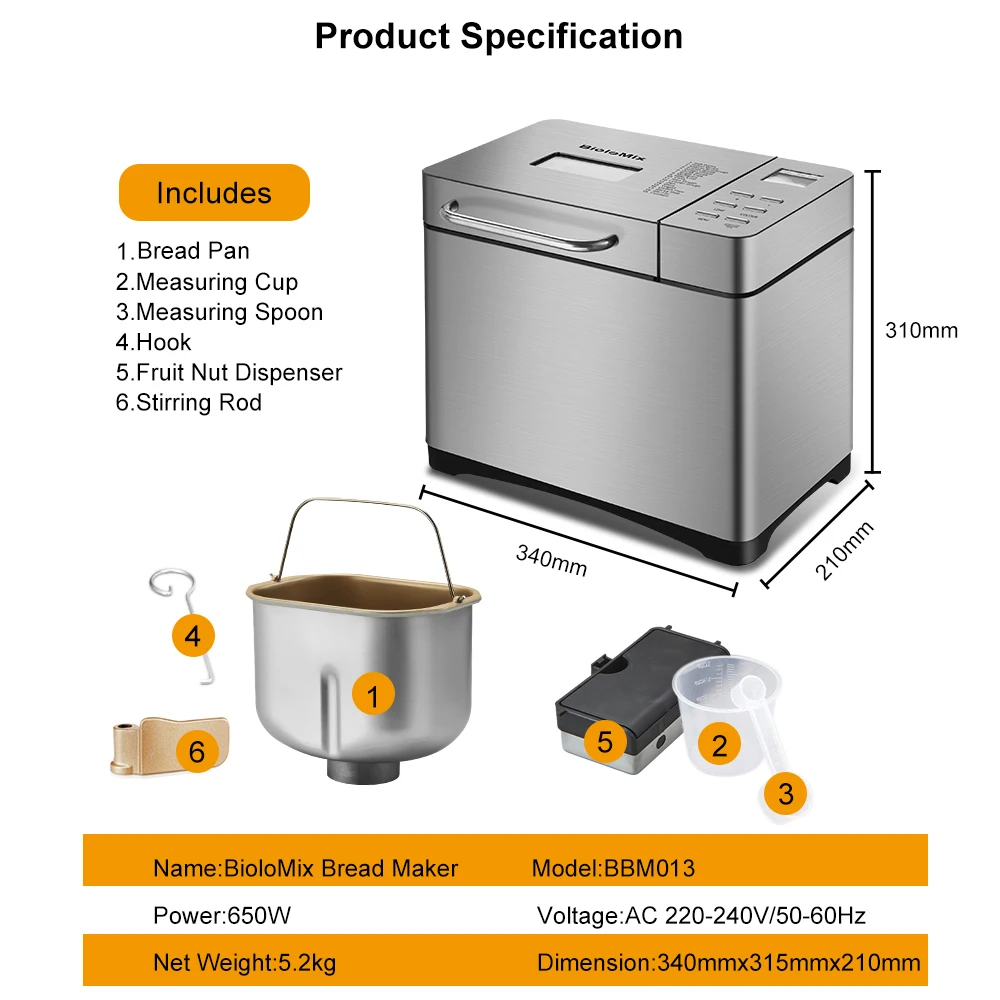 Biolomix Edelstahl 1KG 19-in-1 Automatische Brot Maker 650W Programmierbare Brot Maschine mit 3 loaf Größen Obst Mutter Dispenser