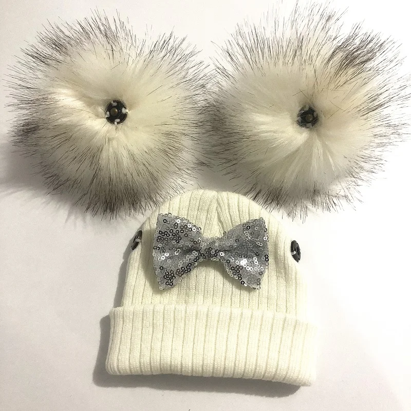 Trẻ Em Long Lanh Nơ Đôi Pompom Mũ Cho Bé Gái Mùa Đông Bộ Đội Khăn Trẻ Em Phụ Kiện Bonnet