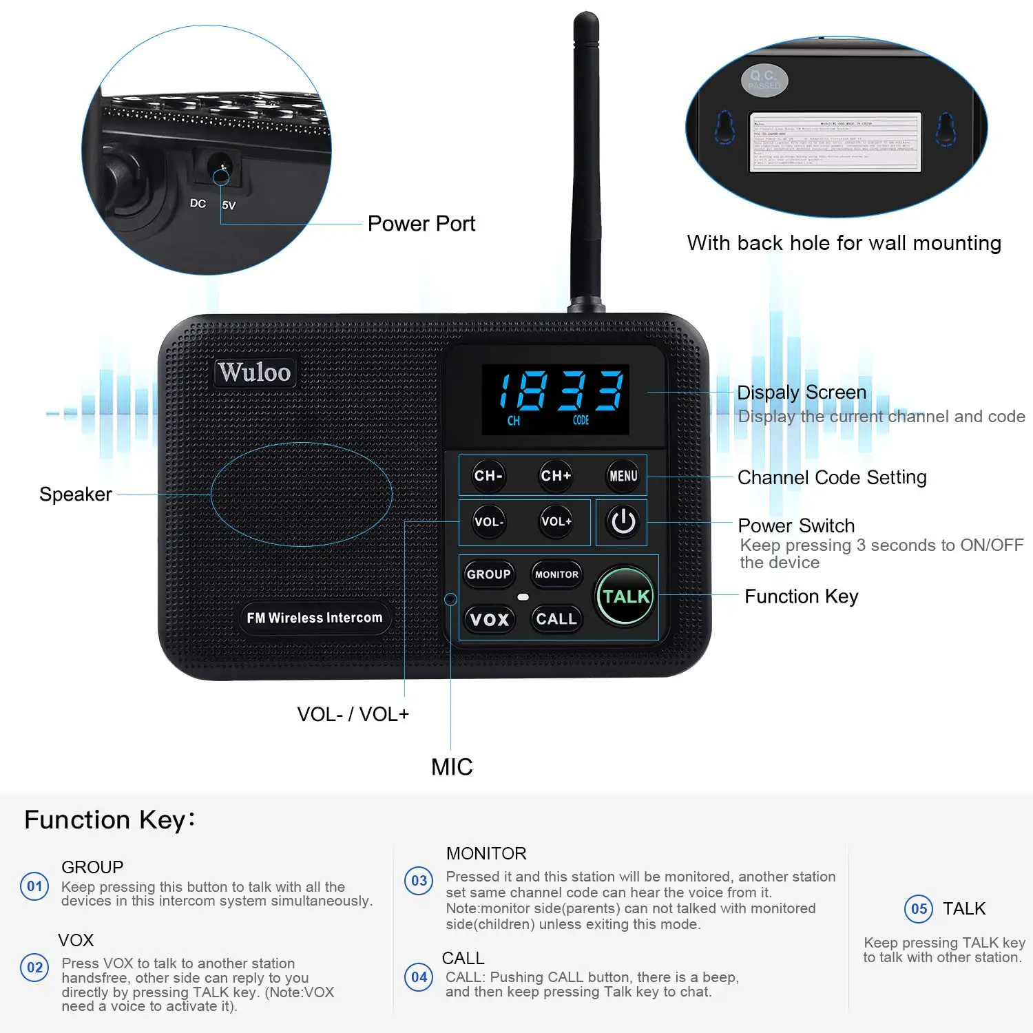 Wuloo-sistema de intercomunicación inalámbrico para el hogar, intercomunicador para casa, oficina de negocios, rango de 1 milla, 22 canales, pantalla de visualización de código Digital 100