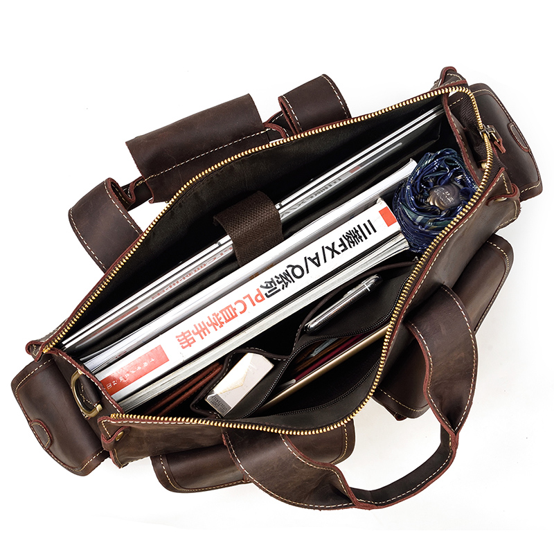 Bolsa de mão de couro para homens, pasta de ombro masculina de couro legítimo marrom