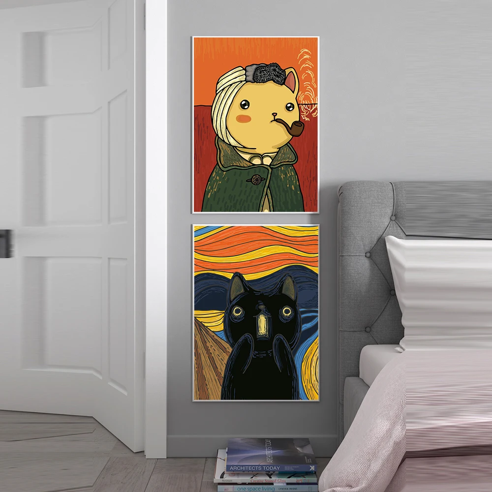 Poster Kanvas Wanita Kucing Kartun Monalisa Lukisan Cetak Abstrak Lucu Anting-Anting Kucing Di Mutiara Gambar Seni Dinding Dekorasi Ruangan Retro
