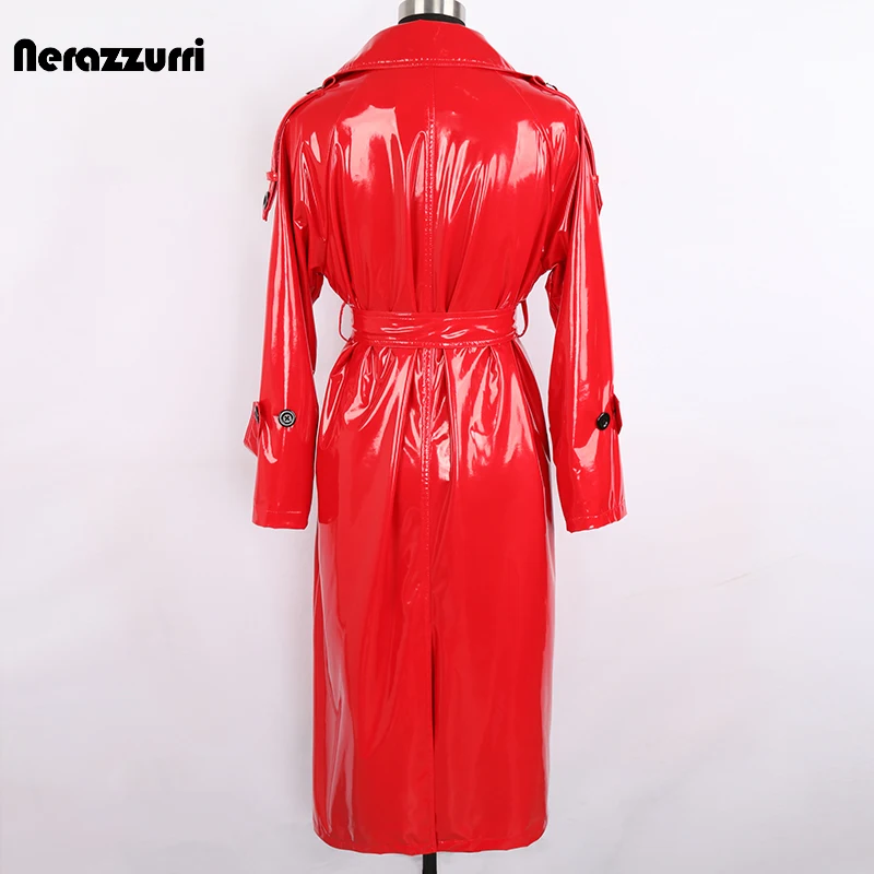 Nerazzurri Herbst Lange Rot Wasserdicht Glänzende Reflektierende Patent Leder Graben Mantel für Frauen Zweireiher Plus Größe Mode