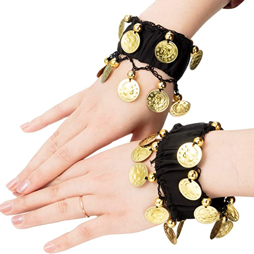 Dança do Ventre Punhos Tornozelo Pulso, Chiffon Ouro Coin Pulseiras, chocalho Pulseira, acessório do traje, 11 cores, 1 par