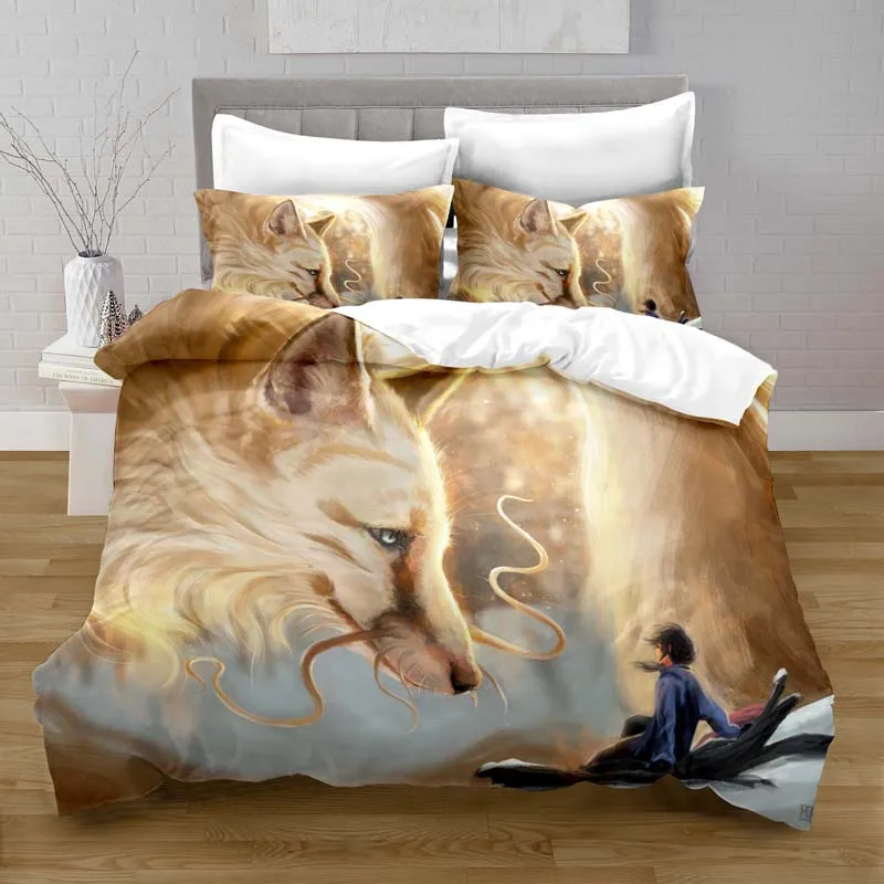 Set tempat tidur motif Digital penutup selimut rubah fantasi poliester 100% dengan Set tempat tidur sarung bantal untuk anak perempuan Set tempat tidur selimut
