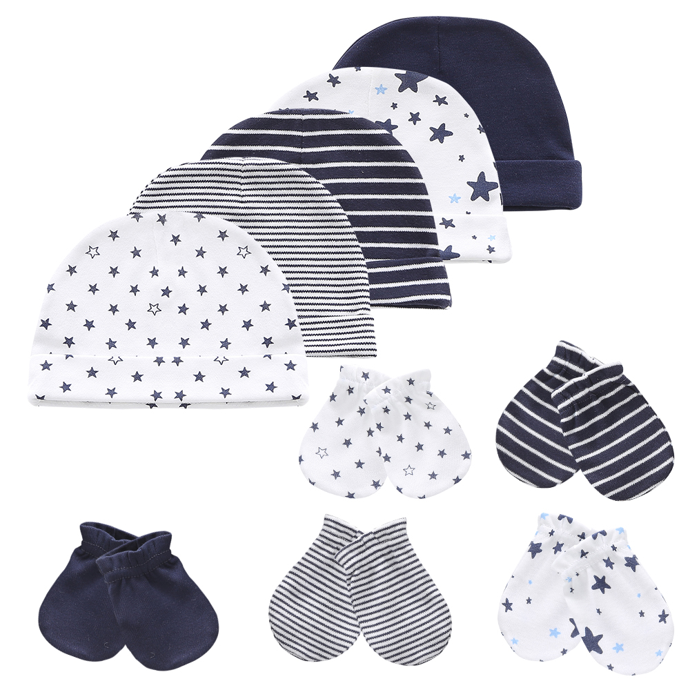 Conjuntos de gorros y manoplas para recién nacido, niño y niña, cómodos gorros y 5 uds., guantes de algodón, accesorios para bebé pequeño, 5 uds.