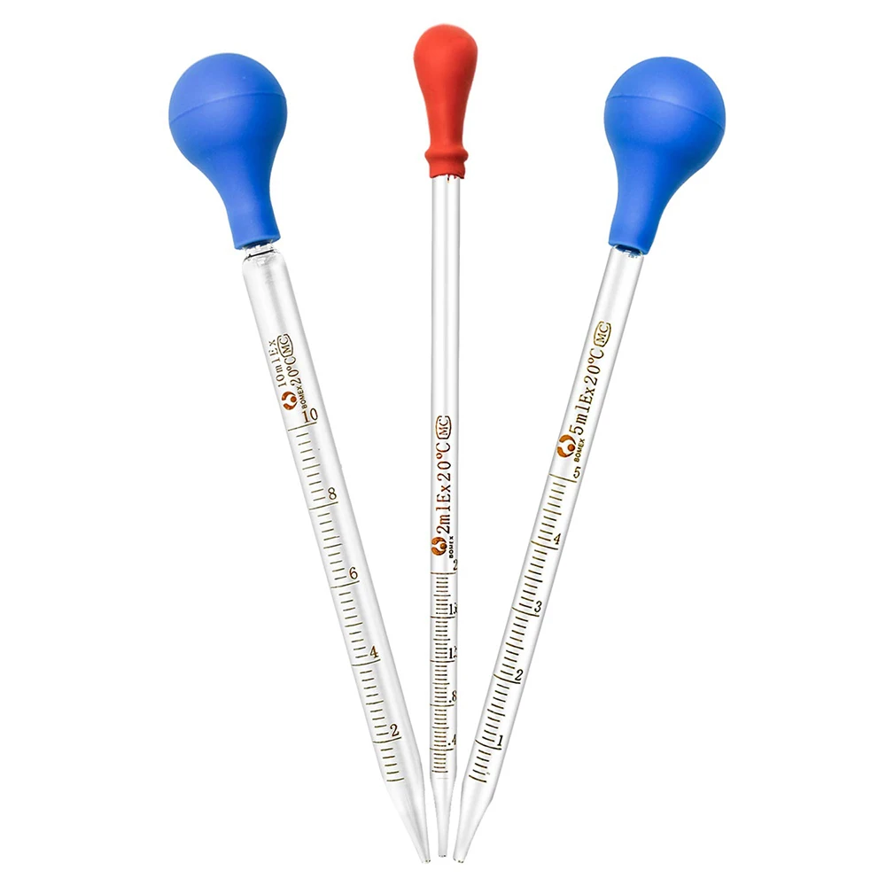 Ống Nhỏ Giọt Pipet Thủy Tinh Quy Mô Đường Phòng Thả Đo Thả Pipet Đỏ Xanh Dương Đầu Cao Su Pipet Đo 3 Cái/lốc 2/5/10Ml