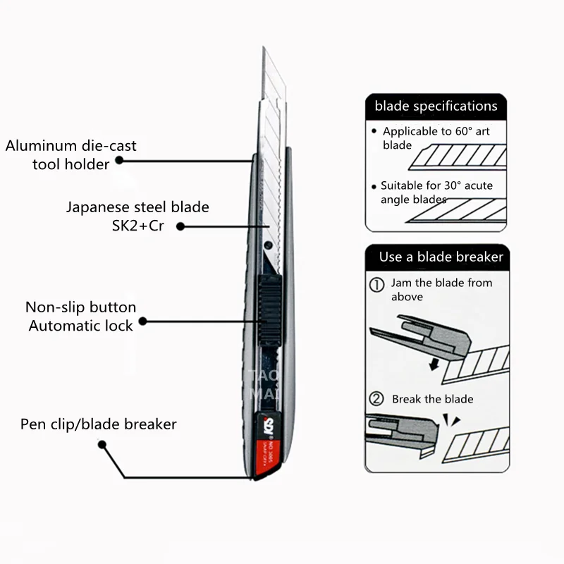 อลูมิเนียมมีดยูทิลิตี้30องศา9Mm Sharp มุมใบมีดตัดกระดาษ/หนังแกะสลักหัตถกรรมมีดโลหะมีดเครื่องเขียน