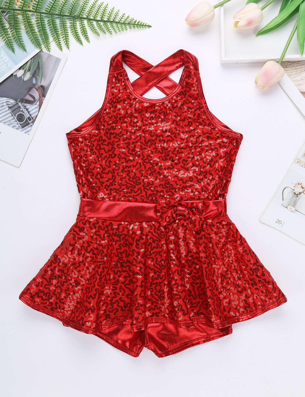 Kinder Mädchen Jazz Modern Tap Dancewear Ärmellose Pailletten Criss Cross Zurück Taille Bowknot Gymnastic Ballett Tanz Trikot Kleid