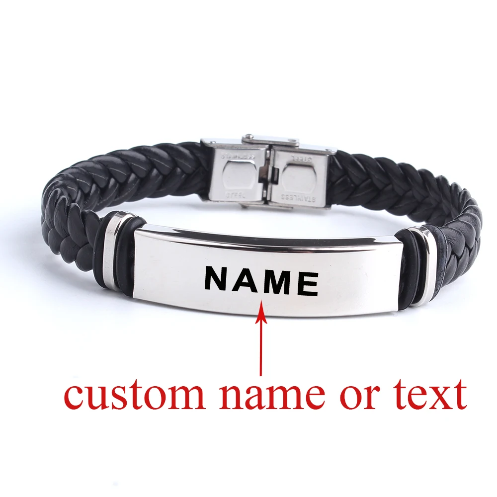 Zwarte Sesam Aangepaste naam Logo Lederen Bangle & Armband Gepersonaliseerde roestvrijstalen armbanden voor dames Heren ID-armband